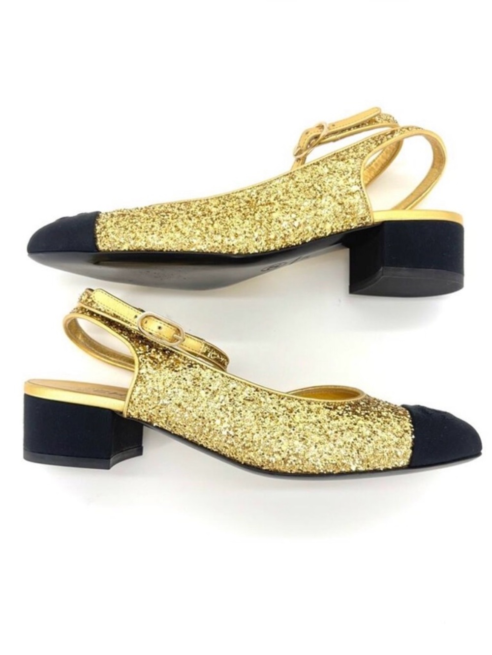 CHANEL Gold Glitter Slingback Pumps with Black Cap Toe - Picture 2 of 7
